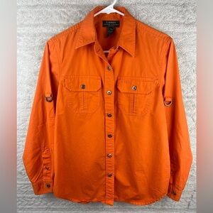 LAUREN RALPH LAUREN Orange Button Up Shirt Embroidered Logo Medium Petite